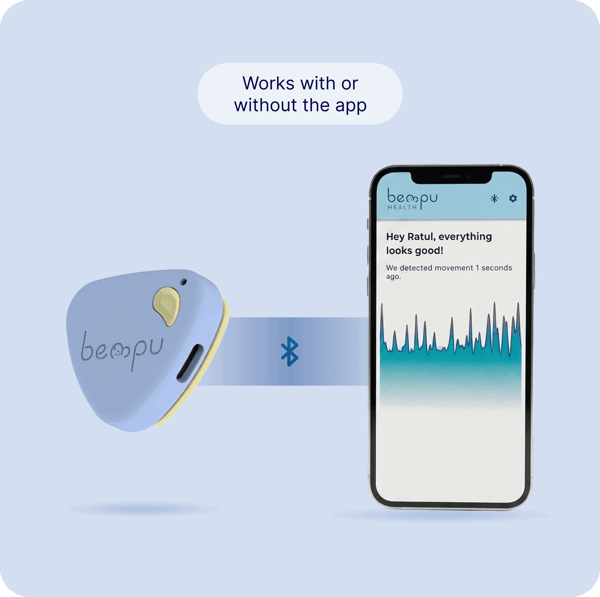 BellyButton works with or without the app — device and phone showing movement data