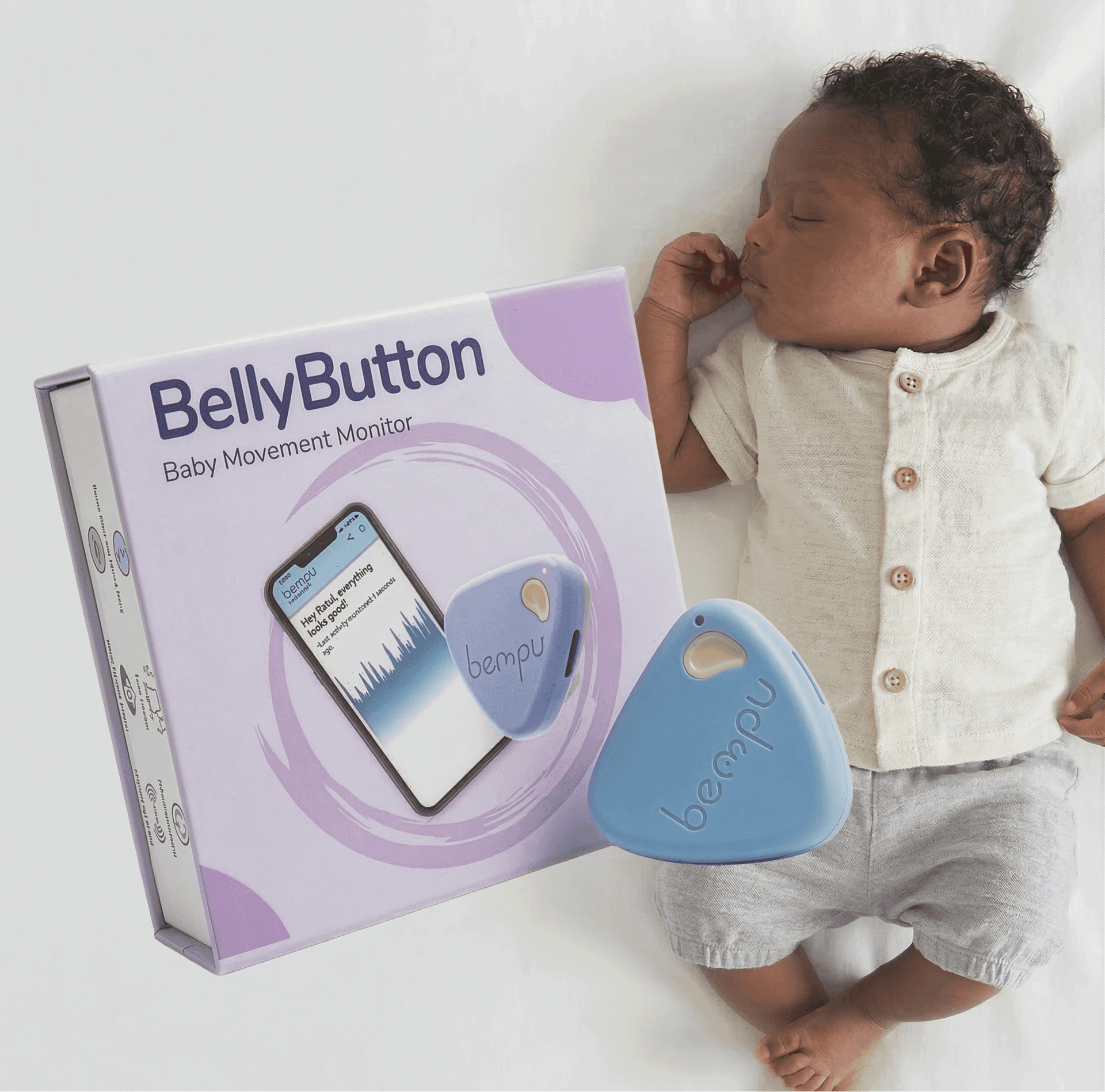 Newborn baby sleeping next to BEMPU BellyButton box
