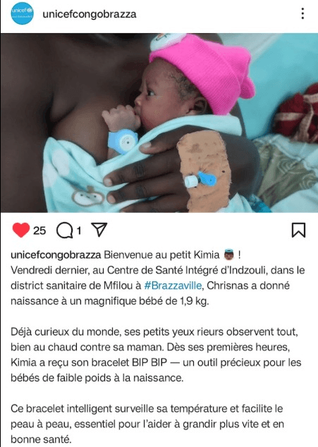 UNICEF Congo Brazzaville Instagram post welcoming a newborn wearing TempWatch