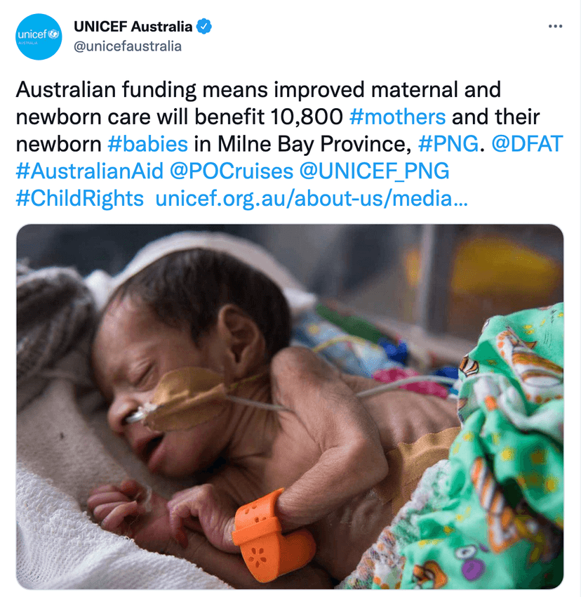 UNICEF Australia tweet about maternal and newborn care funding in Milne Bay Province, PNG